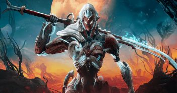 Warframe promo codes: An armored warrior wields a glowing blue-bladed polearm in a fiery, alien landscape with twisted trees and looming creatures, under the soft glow of a large moon or planet.